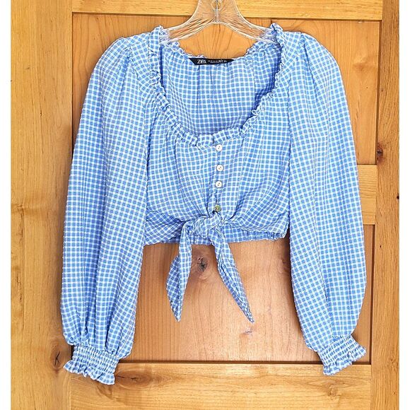 Zara XS Cropped Peasant Cottagecore Beachy Long Puff Sleeve Blouse Gingham Blue - Picture 1 of 4